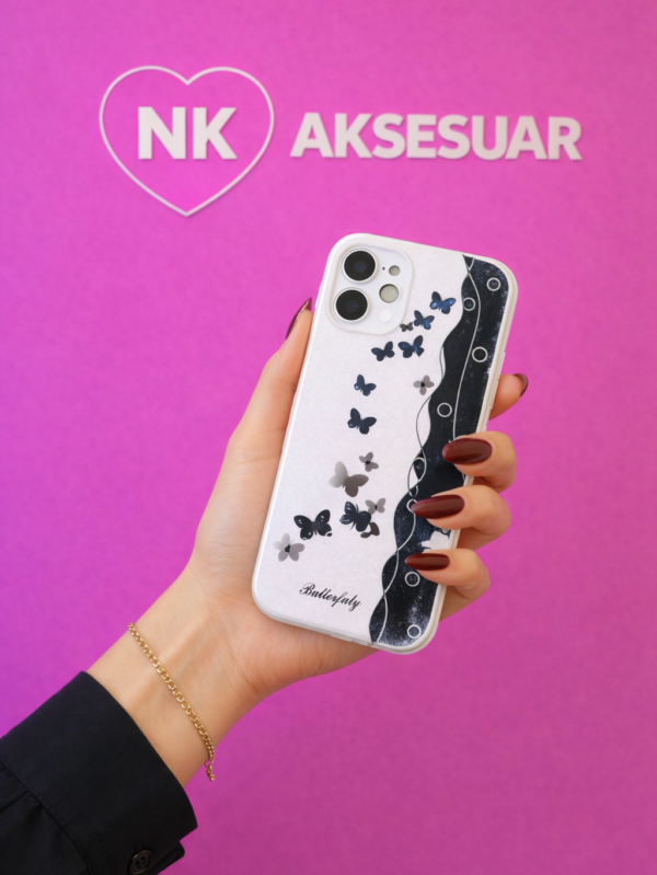 iP16 Kelebek Desenli Aynalı Kılıf-Beyaz Renk