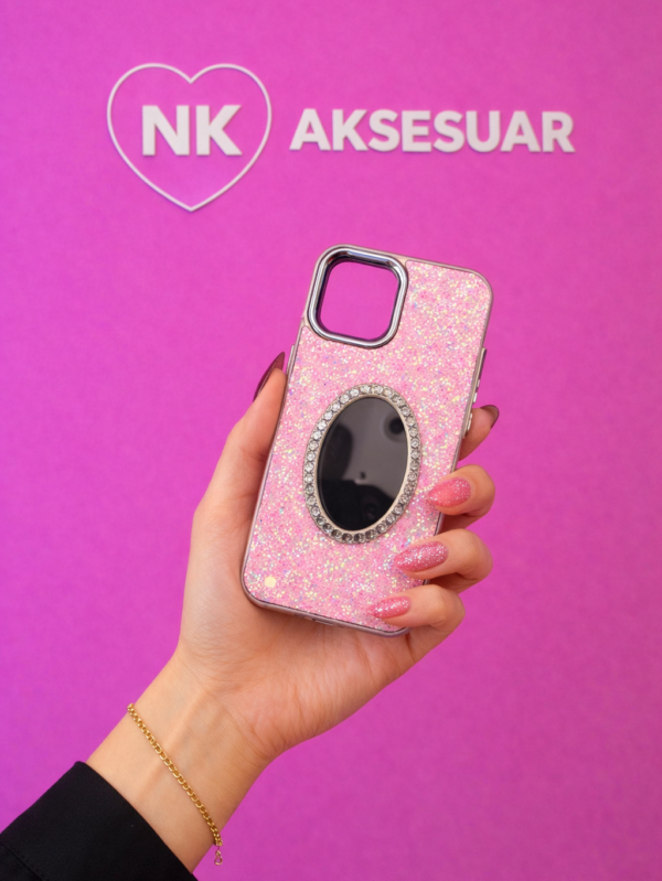 iP16 Simli Taş Desenli Aynalı Kılıf-Pembe Renk
