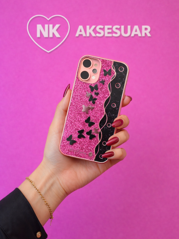 iP16 Kelebek Desenli Aynalı Kılıf-Pembe Renk
