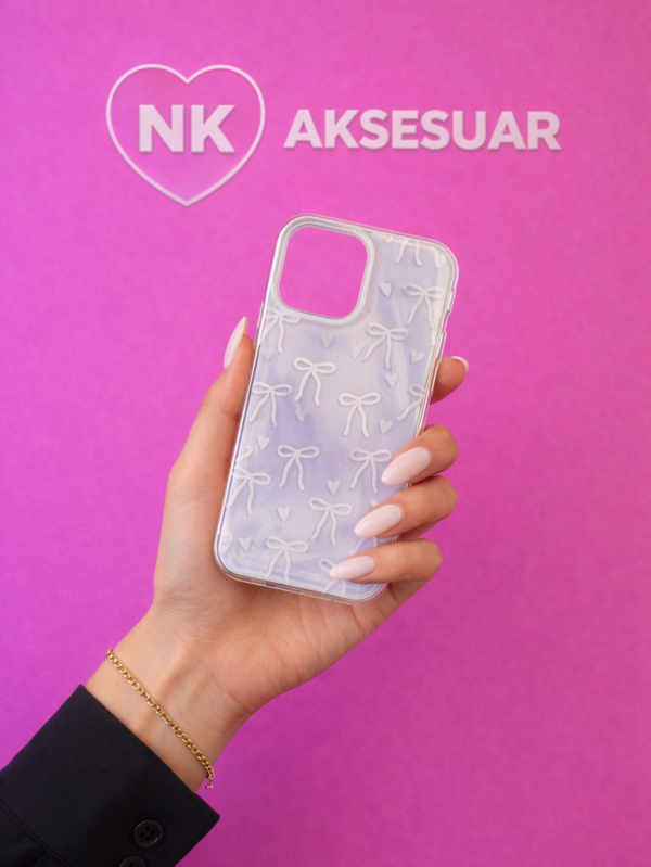 iPhone 16 ProMax Fiyonklu Kalpli Kılıf-Beyaz/Gri Renk