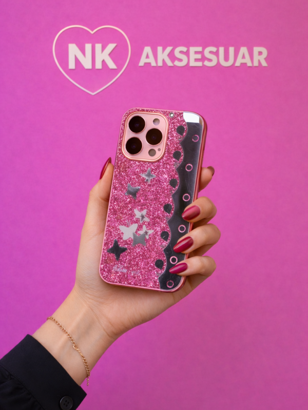 iP16 Pro Kelebek Desenli Aynalı Kılıf-Pembe Renk