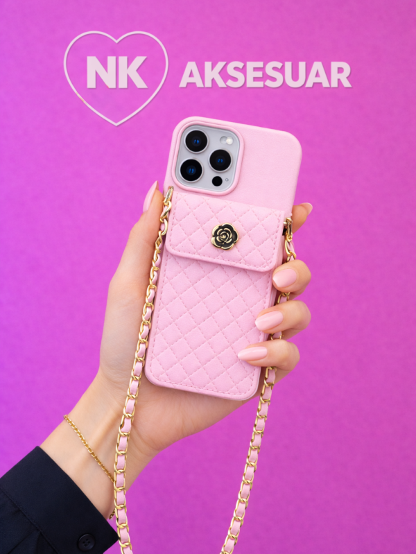 iPhone 16 Pro Cüzdanlı Boyun Zincirli Kılıf –Pembe Renk
