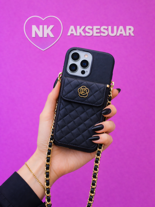 iPhone 16 Pro Cüzdanlı Boyun Zincirli Kılıf –Siyah Renk