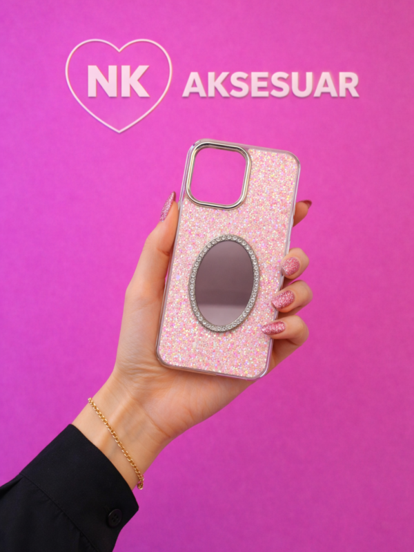 iP16 ProMax Simli Taş Desenli Aynalı Kılıf-Pembe Renk